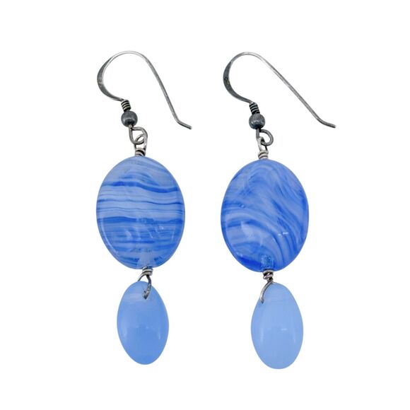 Vintage Sterling Silver 925 Blue Swirled Glass Dangle Earrings - Picture 2 of 6